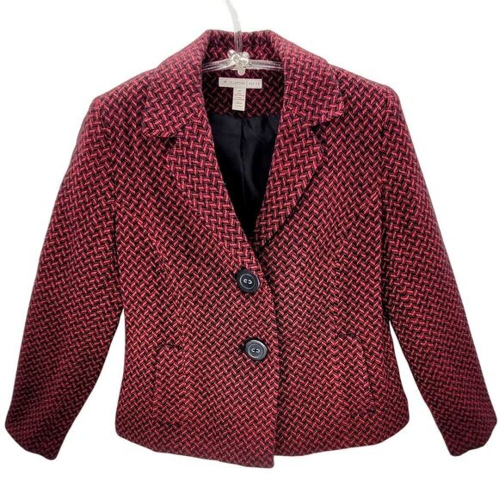 JM Collection Vintage Pink Black Herringbone Coquette 2‎ Button Jacket